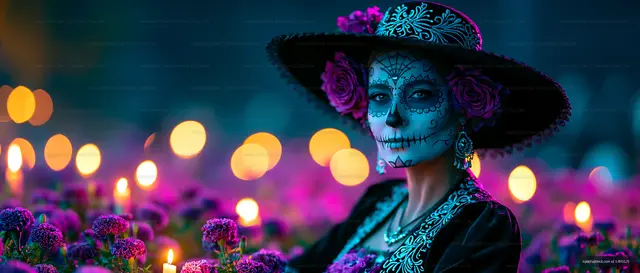 Woman with sugar skull makeup at a festival with candles
