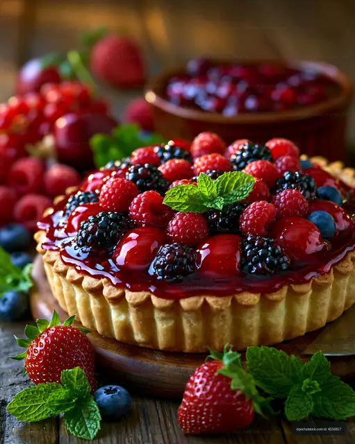 Berry tart with fresh fruit and mint on a wooden table
