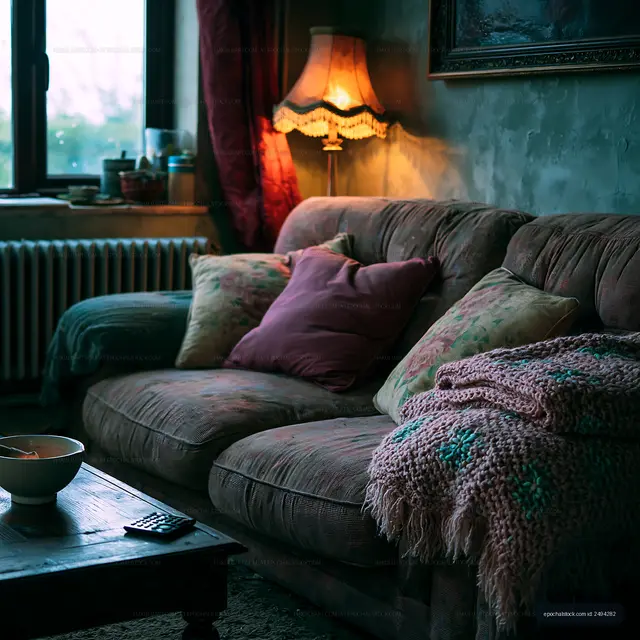 Cozy living room with warm lighting and comfy furniture