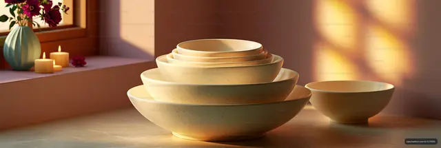 Stacked bowls in soft light on a table by a window
