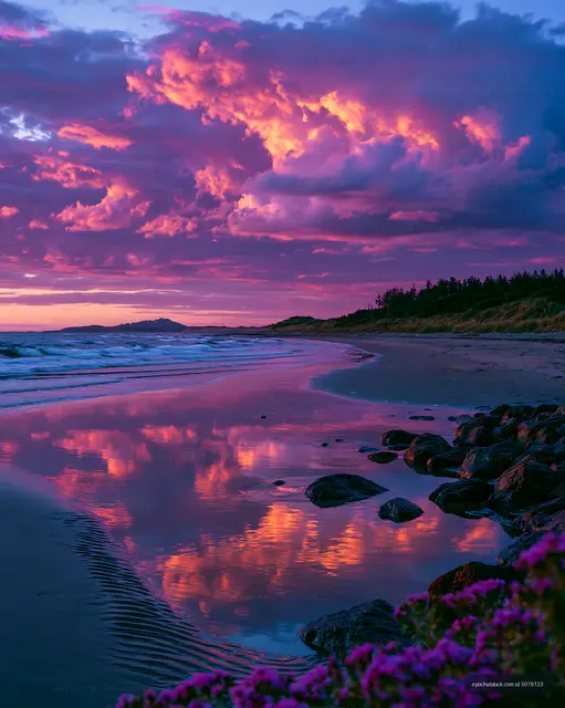 Vibrant sunset over calm beach with colorful clouds