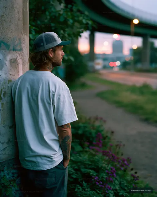 Man standing by a concrete pillar along a street at dusk