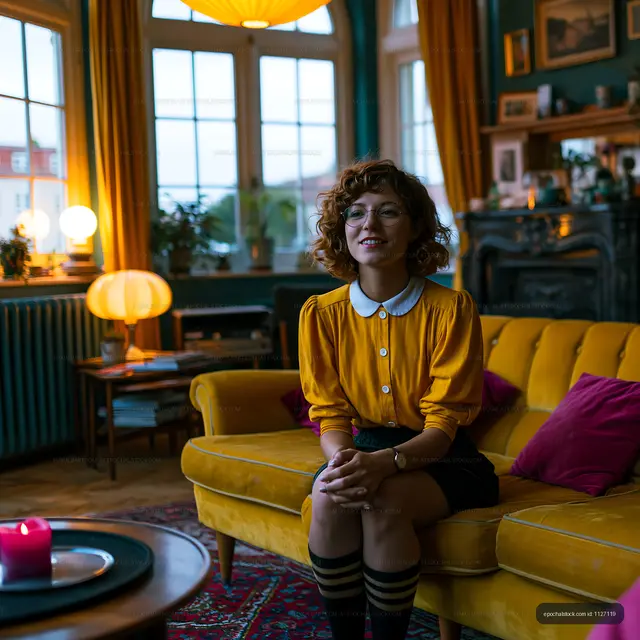 Woman sitting on yellow couch in cozy living room setting