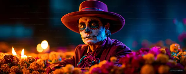 Person with face paint sitting among flowers at a celebration