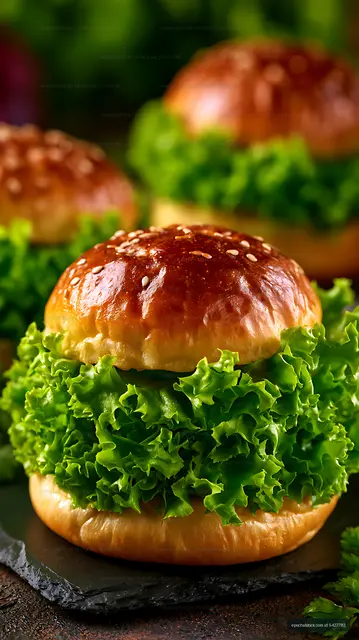Fresh lettuce in a sesame seed bun served on a slate board