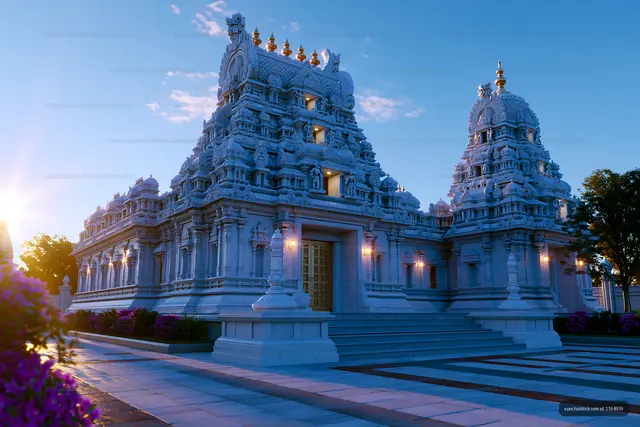 Beautiful temple building with intricate design and colorful flowers