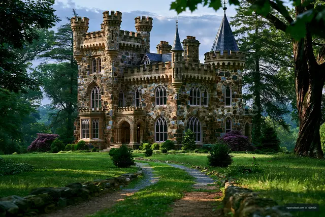 Castle surrounded by trees and garden path in daylight