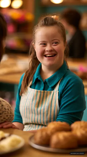 Girl with Down syndrome smiles while working in a bakery