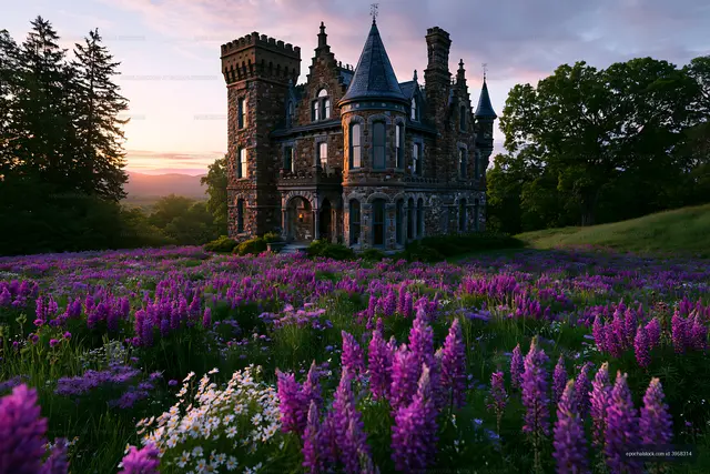 Historic castle surrounded by purple flowers at sunset