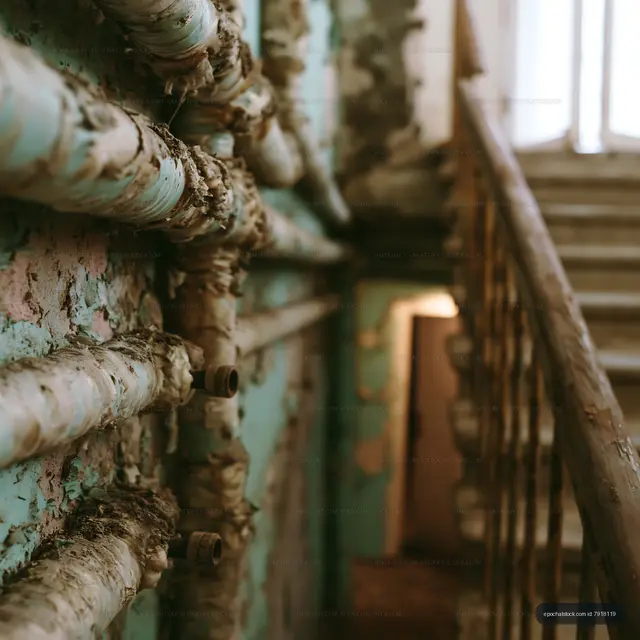 Old industrial pipes along a staircase in a building