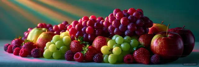 Fresh fruits arranged on a table under soft lighting
