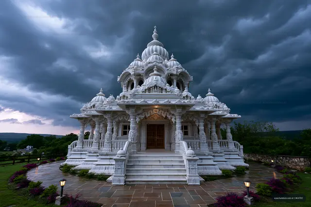 Beautiful white temple under a stormy sky