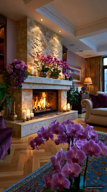 Cozy living room with fireplace and blooming orchids