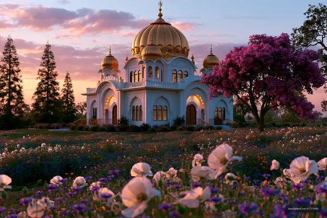 Golden dome building with flowers under sunset sky