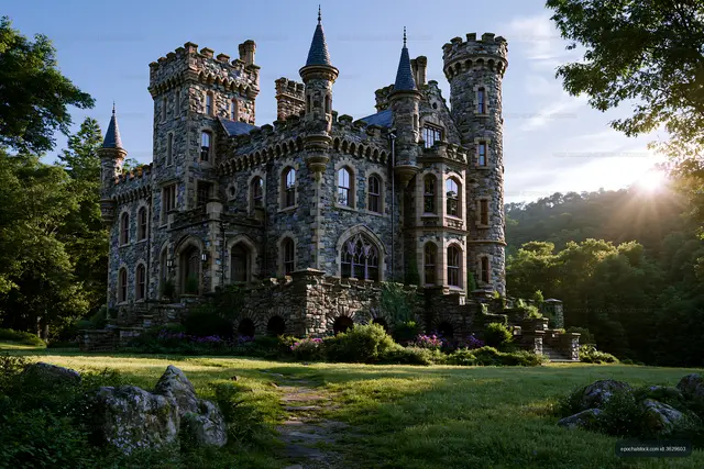 Stone castle surrounded by trees with sunlight in background