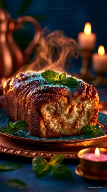 Freshly baked loaf with steam and mint leaves on a blue table