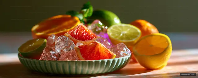 Fresh citrus fruits with ice on a plate