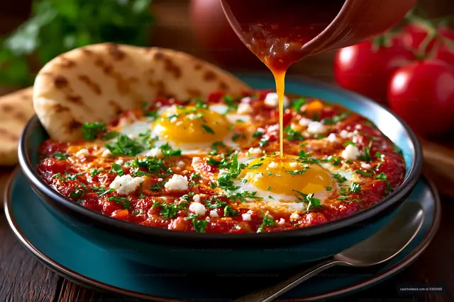 Eggs in tomato sauce with bread on wooden table