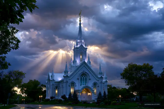 Church with dramatic clouds and sunlight shining at dusk