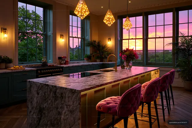 Modern kitchen with sunset view and stylish decor