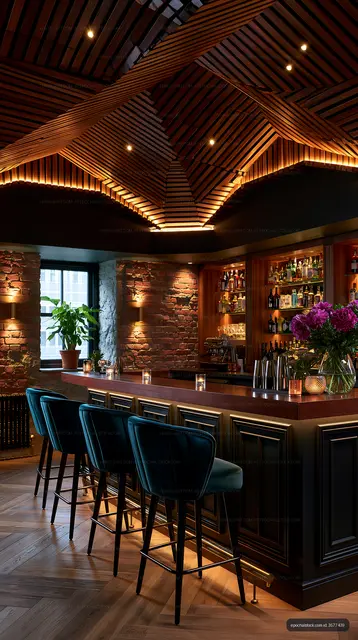 Modern bar interior with stylish seating and warm lighting