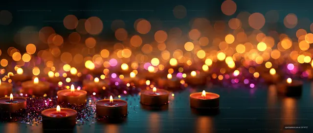 Candles arranged on a surface with colorful lights in the background