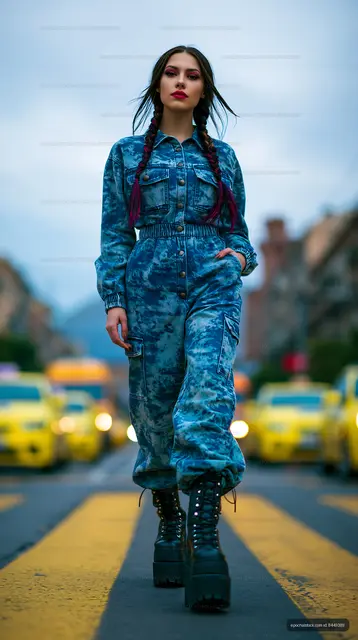 Woman walking on street in blue outfit with yellow cars