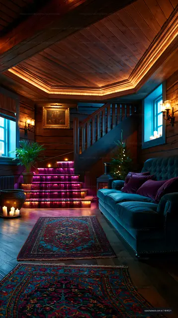 Cozy interior with illuminated stairs and warm lighting