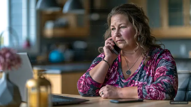 Woman talking on phone in cozy home office setting