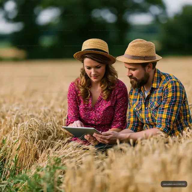 Couple using tablet in a wheat field on a sunny day