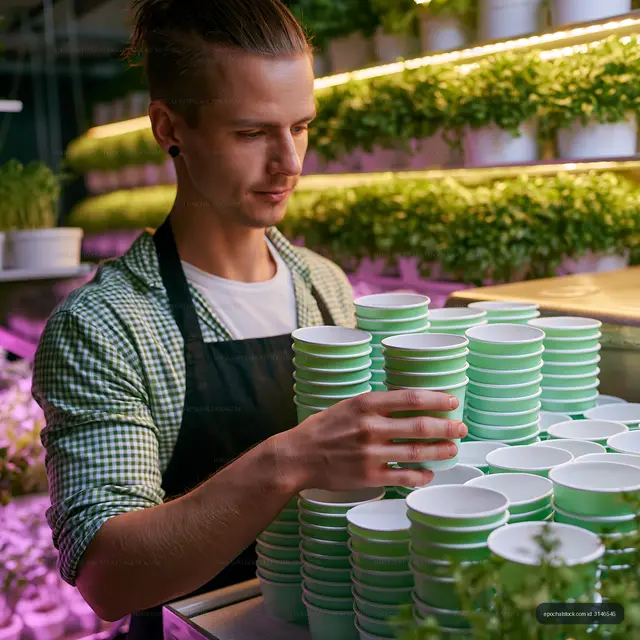 Worker organizing green cups in a plant-filled cafe