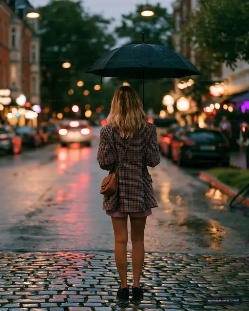Woman with umbrella walking on wet cobblestone street at night