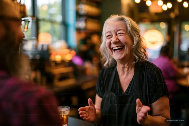 Smiling woman talking with a customer in a cafe