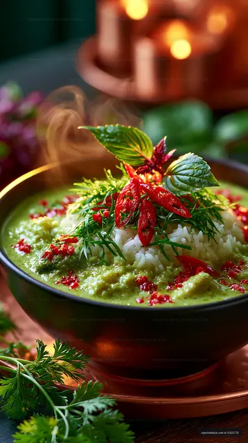 Bowl of green curry with rice, topped with herbs and chilies