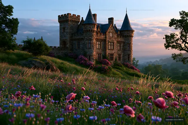 Castle surrounded by wildflowers at sunset