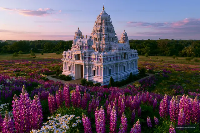 Temple surrounded by flowers at sunset