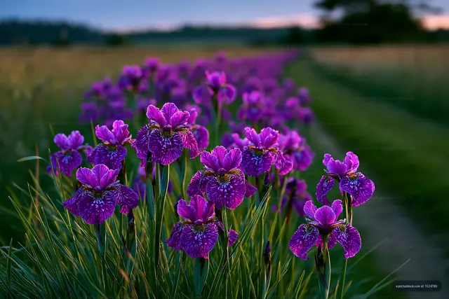 Vibrant purple flowers along a pathway at sunset