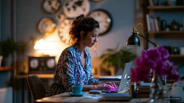 Woman working on laptop in a cozy home office at night