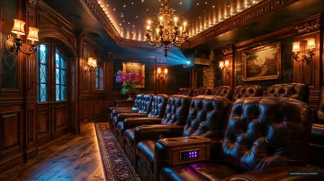 Luxury home theater with leather seating and elegant decor
