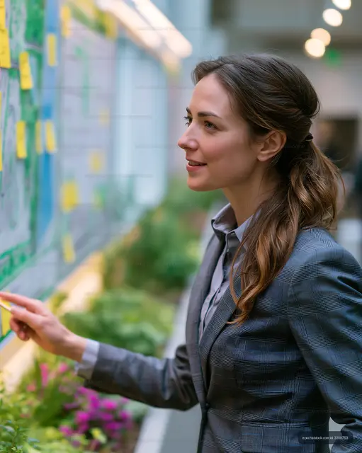 Young woman pointing at a board in a modern office setting