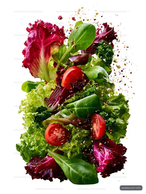 Fresh salad ingredients flying in the air