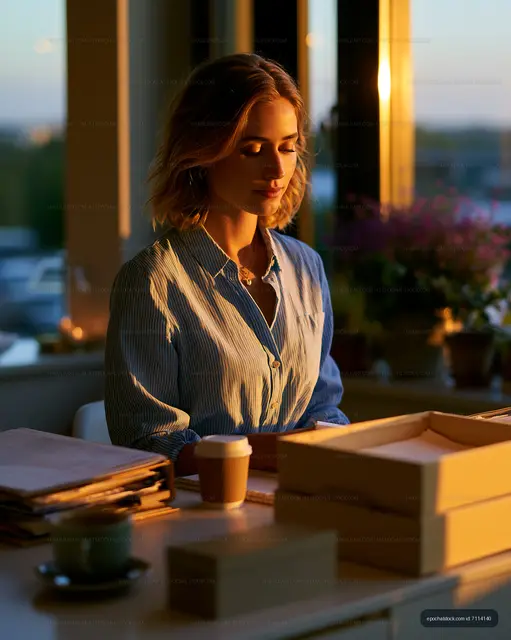 Woman working at a desk with natural light during sunset
