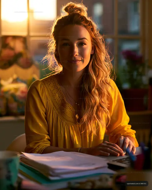 Woman working at home desk in evening light