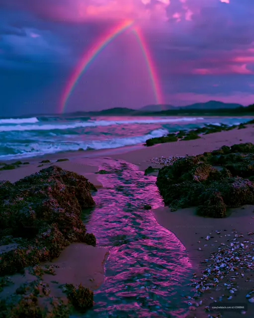Colorful rainbow above ocean waves at sunset