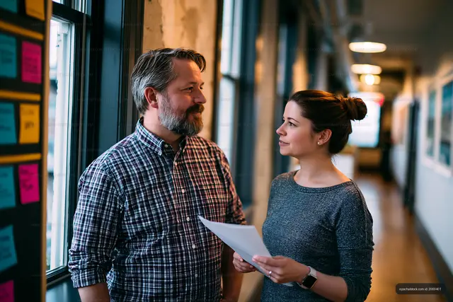 Discussion between two coworkers in an office hallway