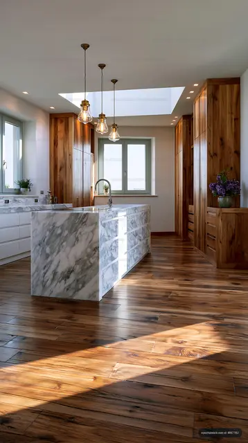 Modern kitchen with marble island and wooden cabinets