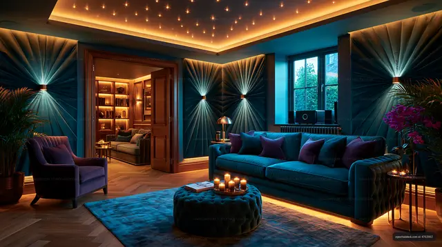 Cozy living room with blue decor and warm lighting