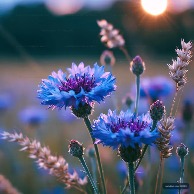 Blue flowers in a field at sunset