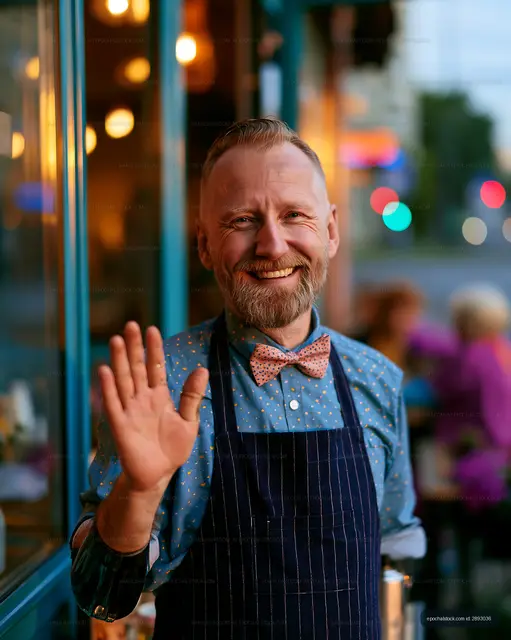 Friendly restaurant owner greeting customers outside cafe