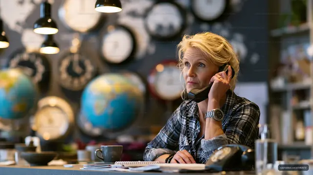 Woman talking on phone at a counter surrounded by clocks